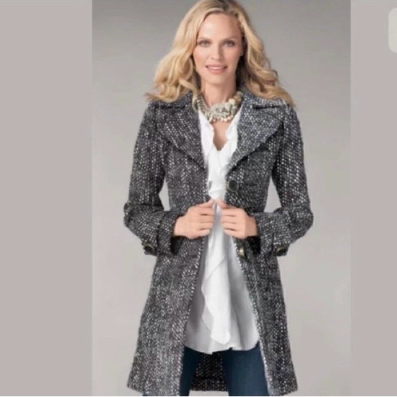 Cabi Salt & Pepper Tweed Boucle Wool Blend Pea Coat Women Med Black - Picture 1 of 6